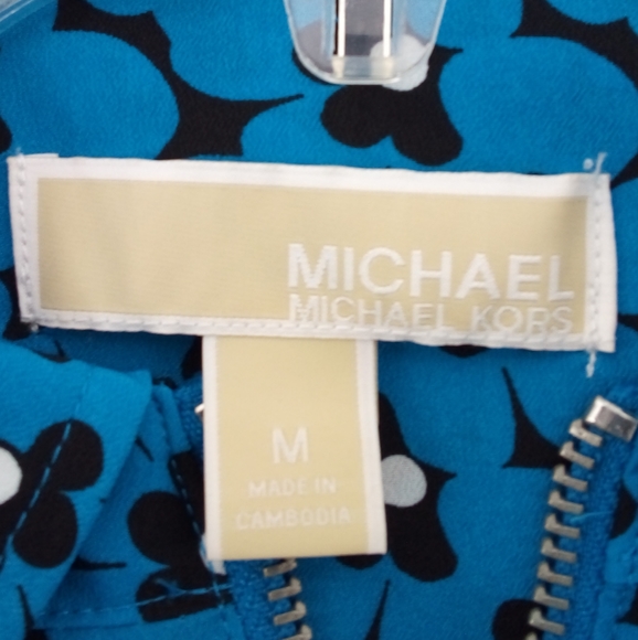 MICHAEL Michael Kors Blue Black Floral Metal Purse Zipper Charm Blouse Work M - Picture 2 of 11